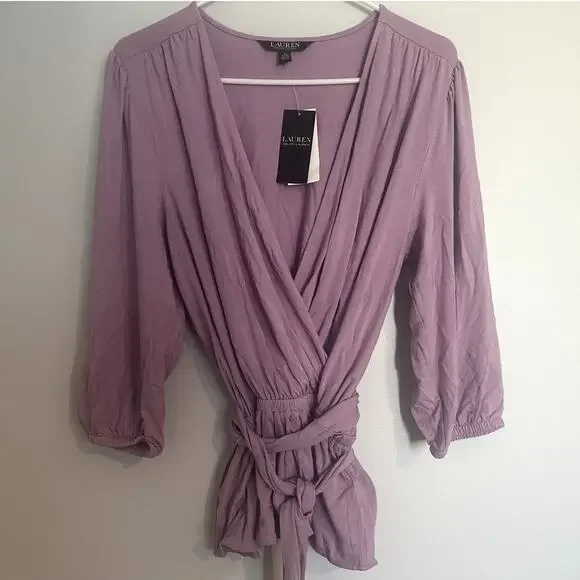NWT Lauren Ralph Lauren Tie-Front Peplum Top – Purple, Women’s Large - Picture 2 of 5